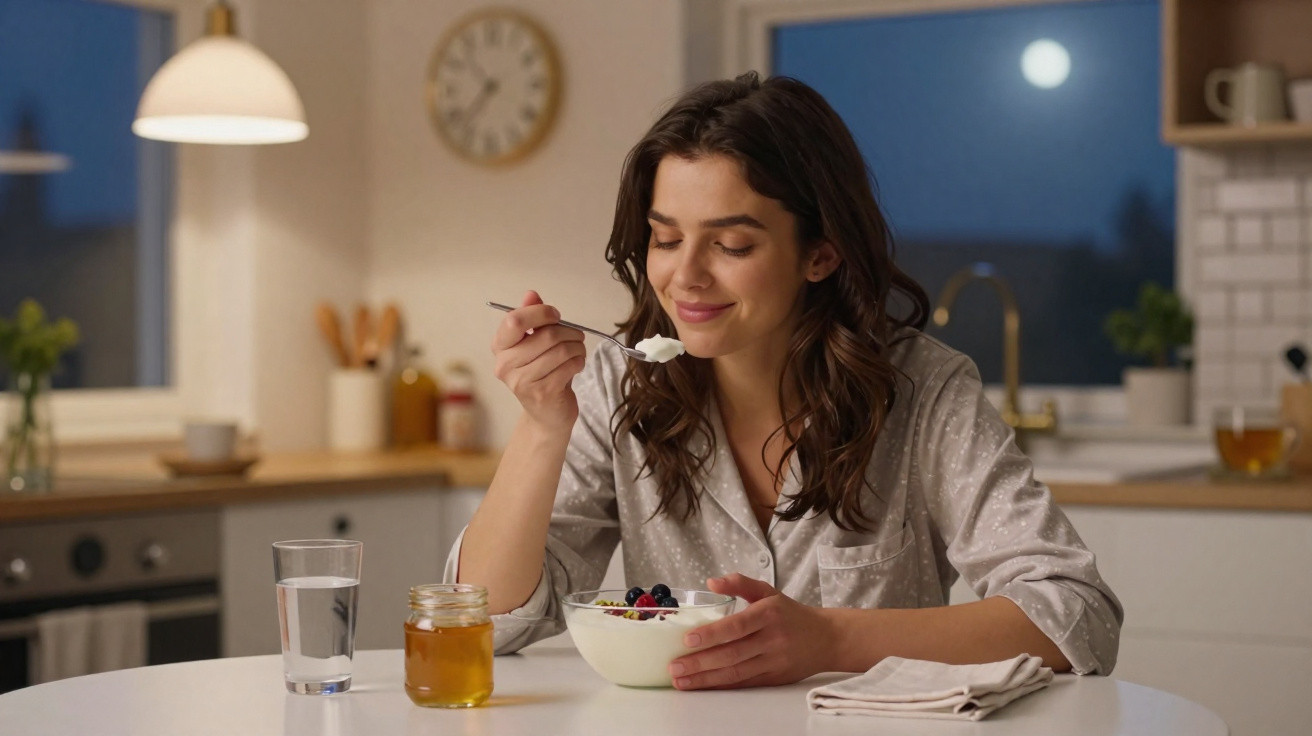 Jeune femme en pyjama mangeant un bol de yaourt aux fruits dans une cuisine lumineuse de nuit.
