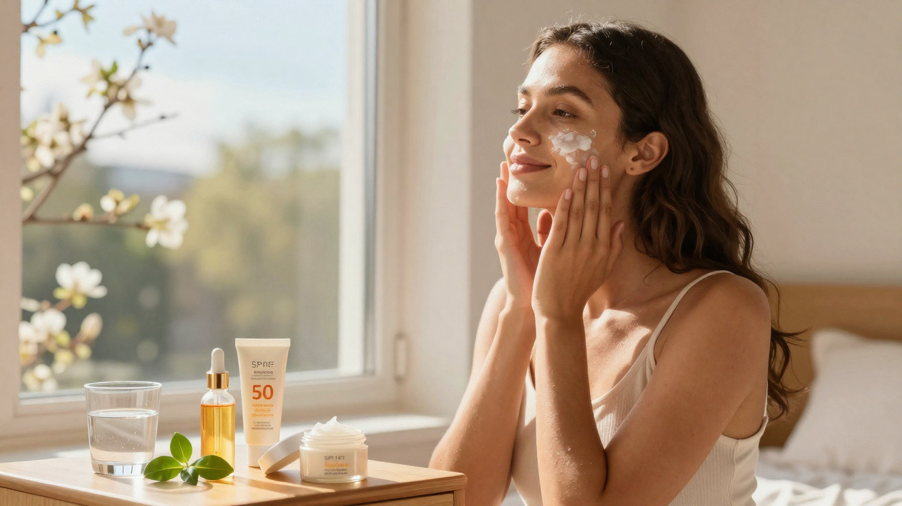 Jeune femme appliquant une crème solaire visage à l’intérieur près d’une fenêtre lumineuse.