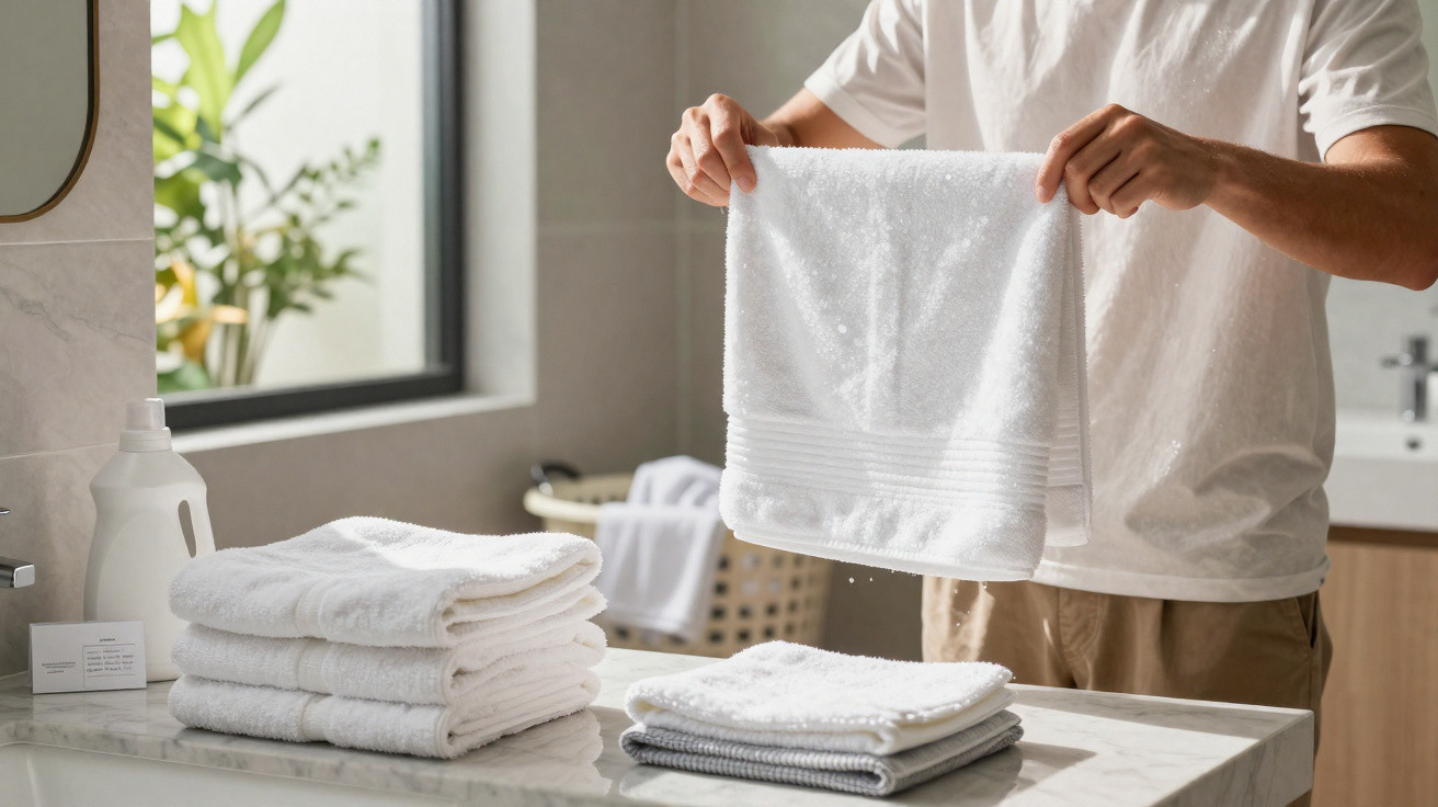Personne pliant une serviette blanche dans une salle de bain lumineuse avec des serviettes empilées sur une table.