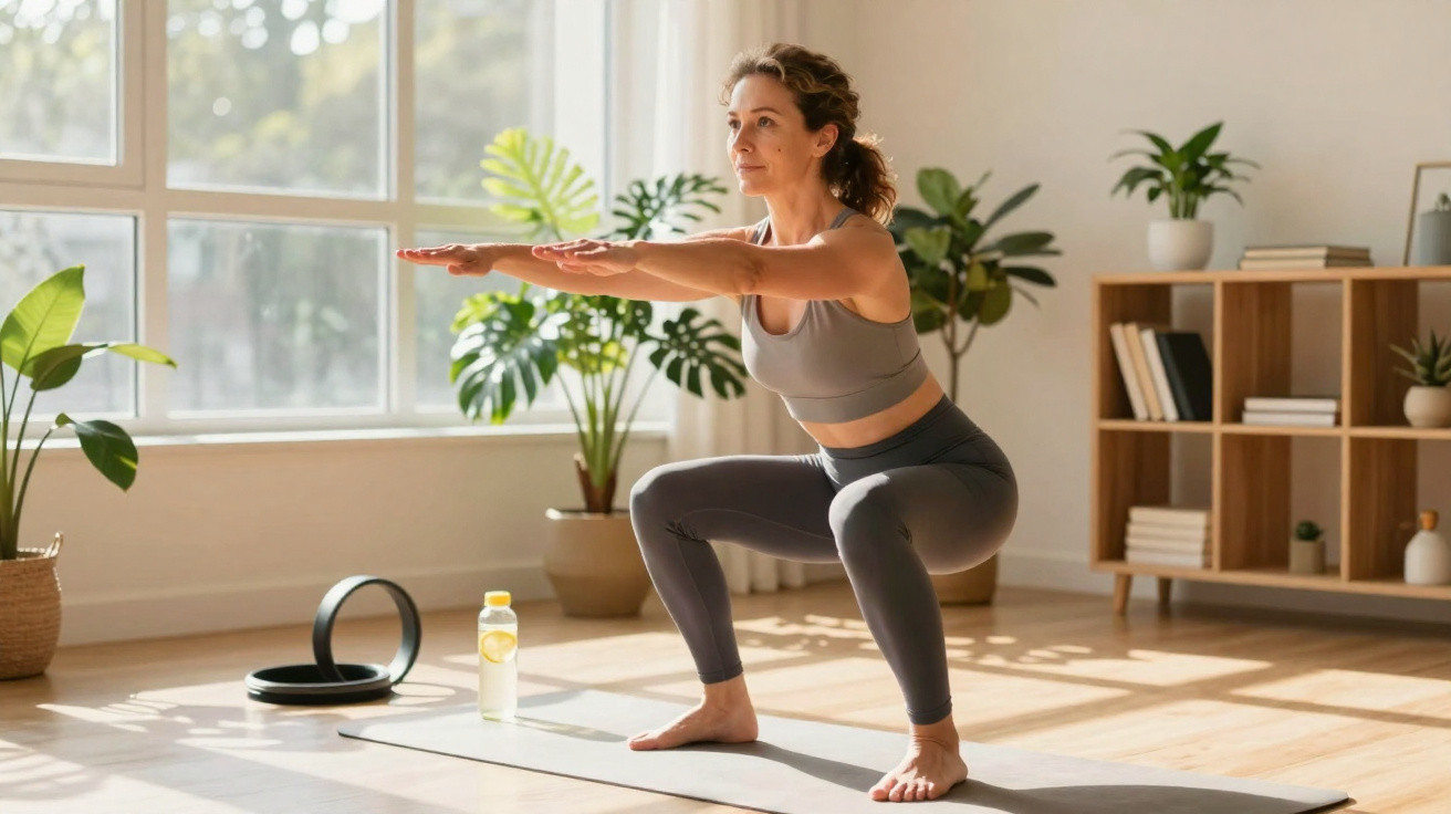 Femme en tenue de sport fait un squat sur un tapis de yoga dans un salon lumineux avec des plantes vertes.