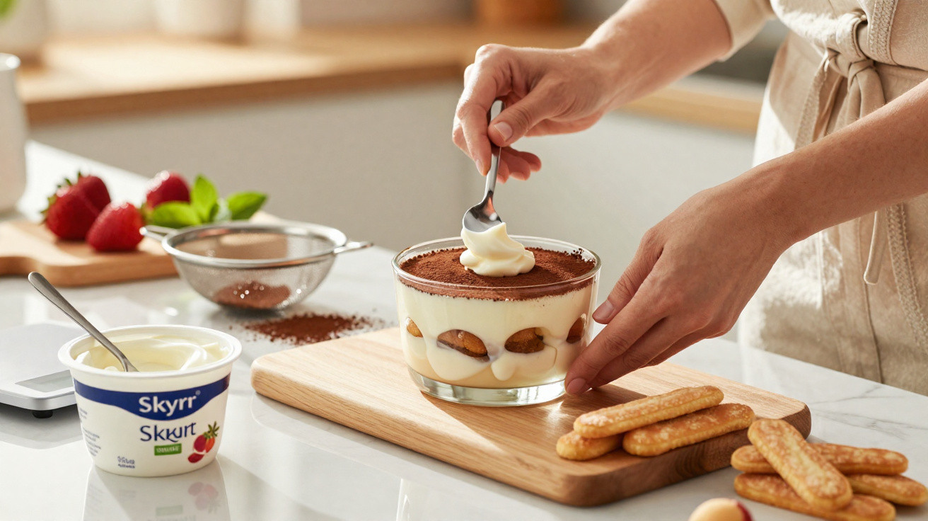 Une personne décore un dessert tiramisu avec une cuillère, près de biscuits et d'un pot de skyr.