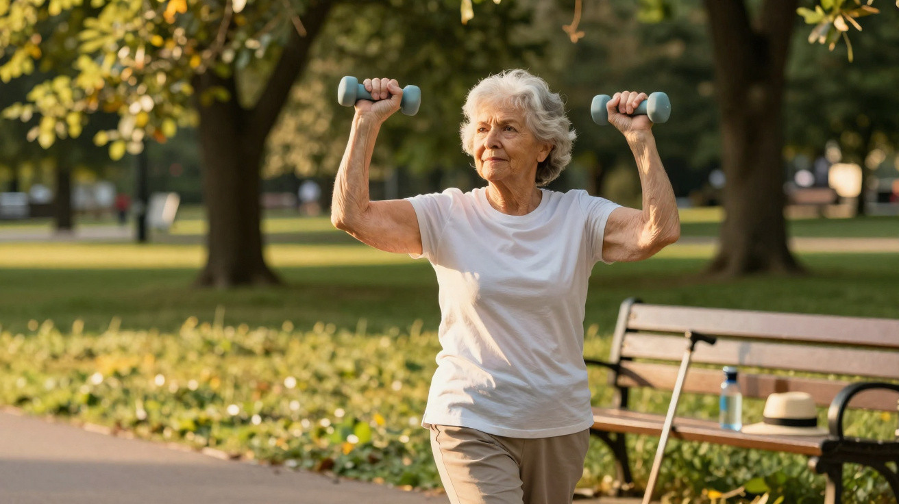 Femme âgée faisant de la musculation avec des haltères dans un parc ensoleillé.