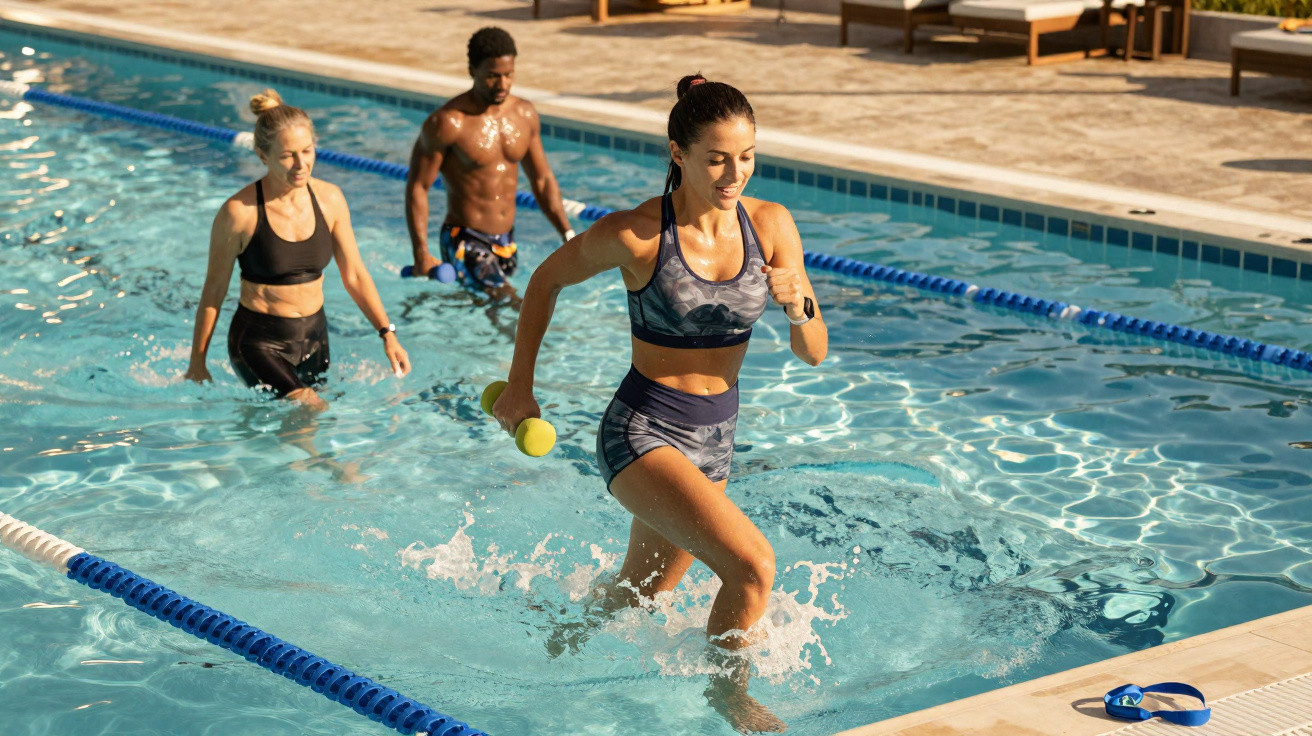 Trois adultes font un exercice de course aquatique dans une piscine extérieure ensoleillée.