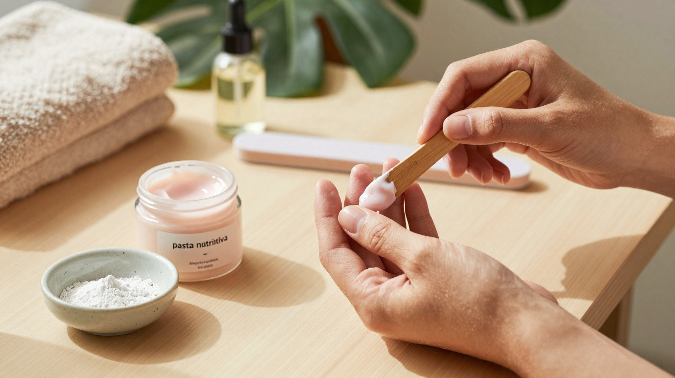 Mains appliquant une crème rose avec une spatule en bois, pot de crème, poudre et huile sur une table en bois.