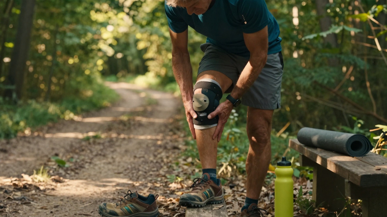 Homme en tenue de sport vérifiant son genou avec une genouillère dans un sentier forestier ensoleillé.