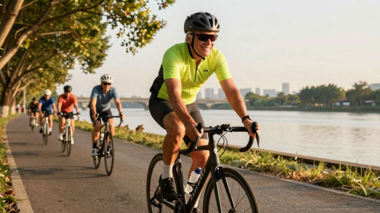 Groupe de cyclistes en tenue sportive roulant sur une piste longeant un fleuve par une journée ensoleillée.