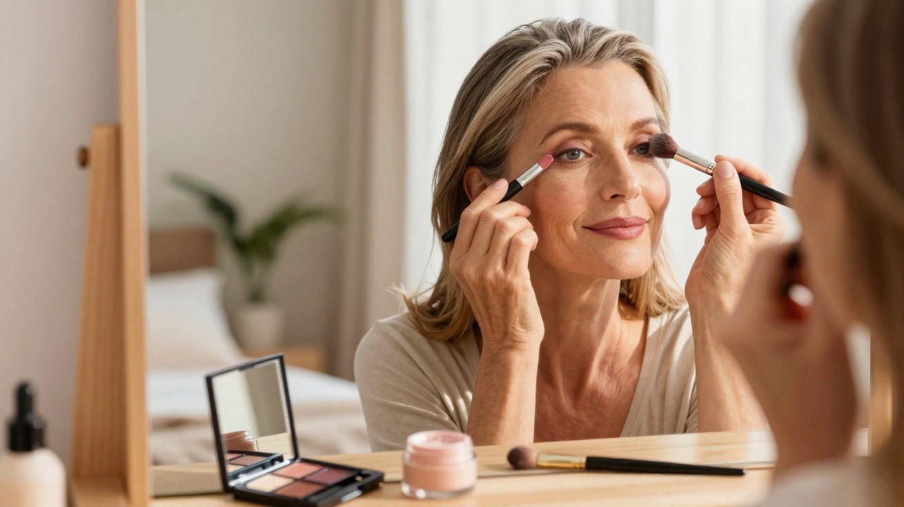 Femme d'âge moyen appliquant du maquillage des yeux devant un miroir dans une chambre lumineuse.