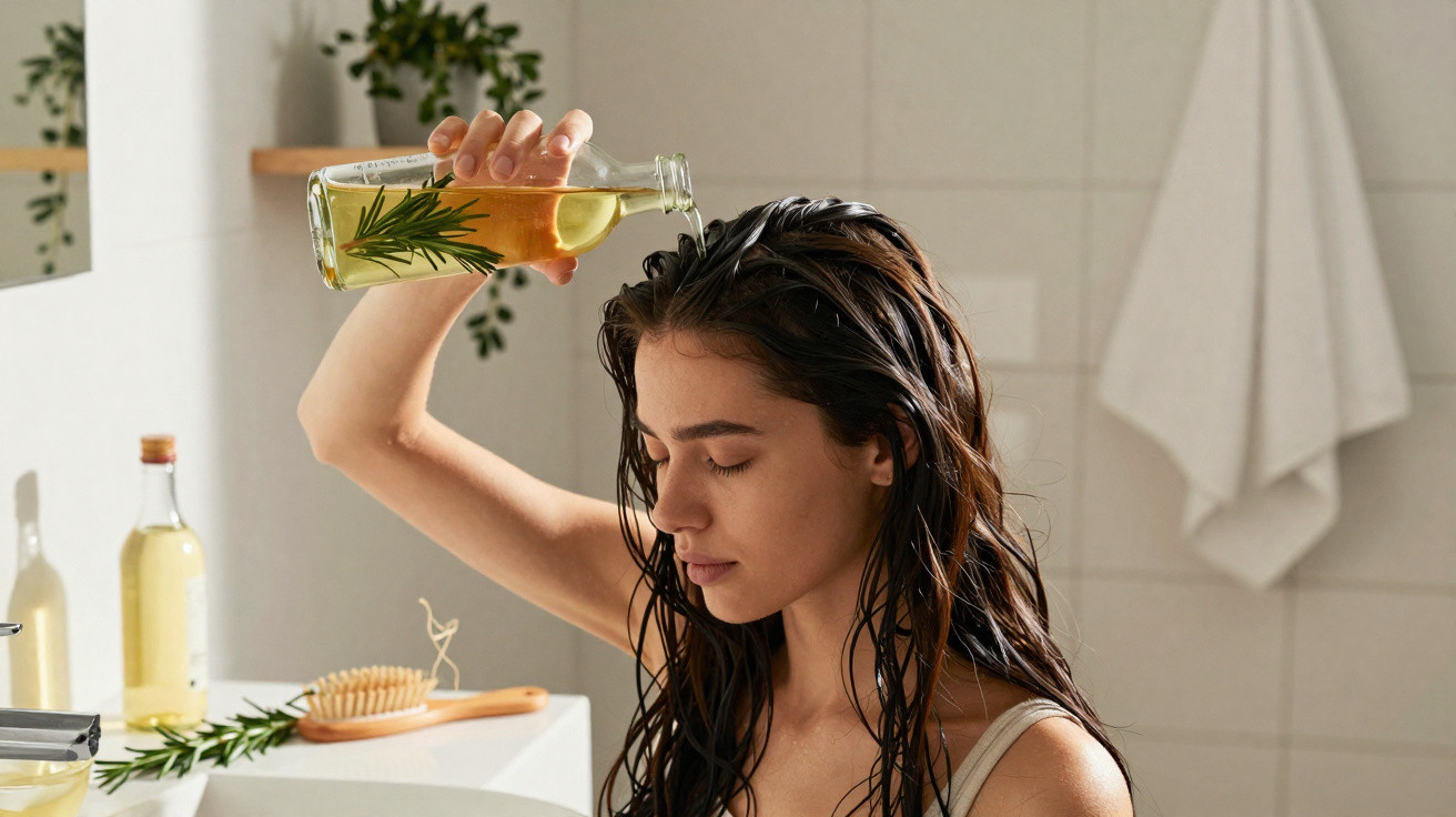 Femme versant de l’huile essentielle au romarin sur ses cheveux mouillés dans une salle de bain lumineuse.