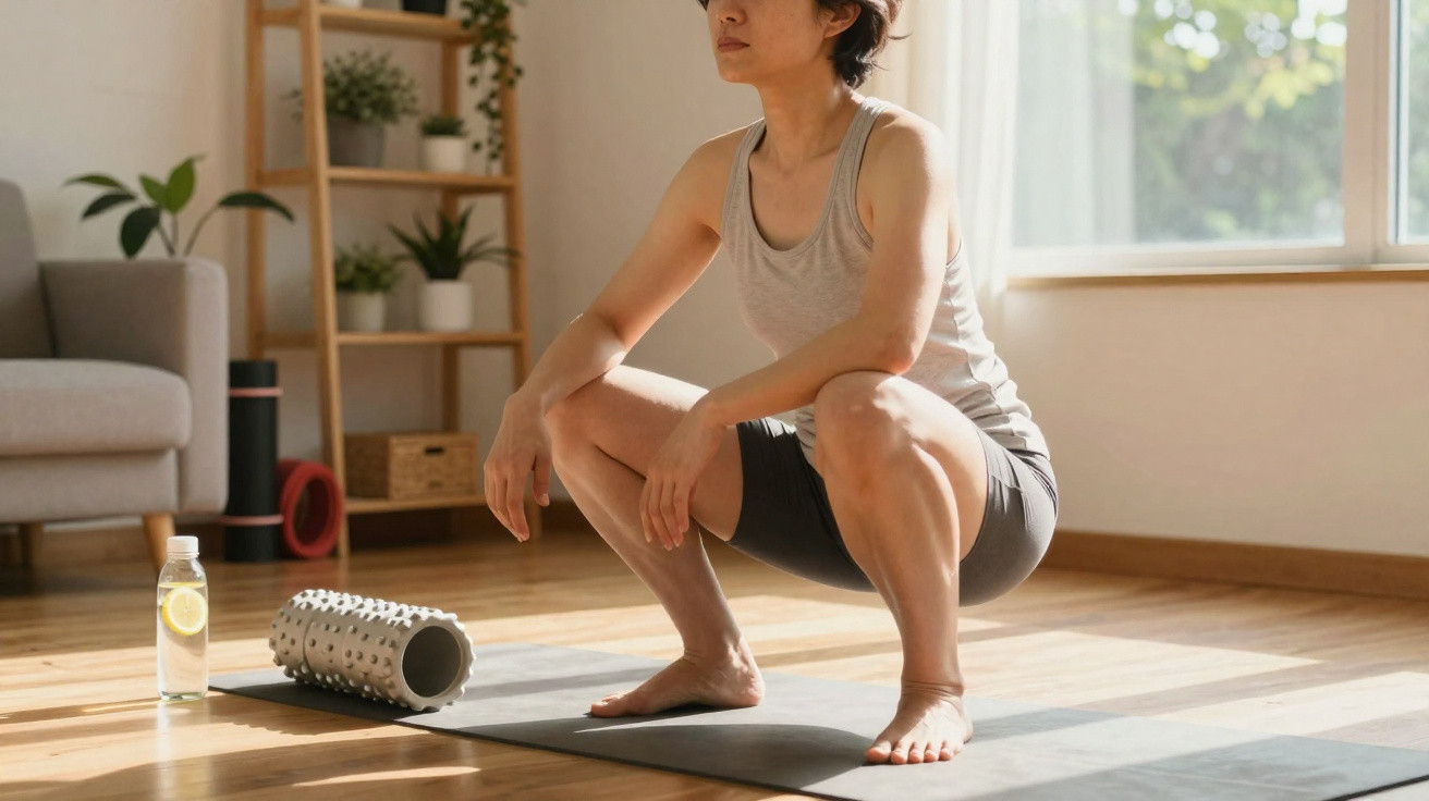 Personne effectuant un squat sur un tapis de yoga dans un salon lumineux avec un rouleau de massage et une bouteille d'eau.