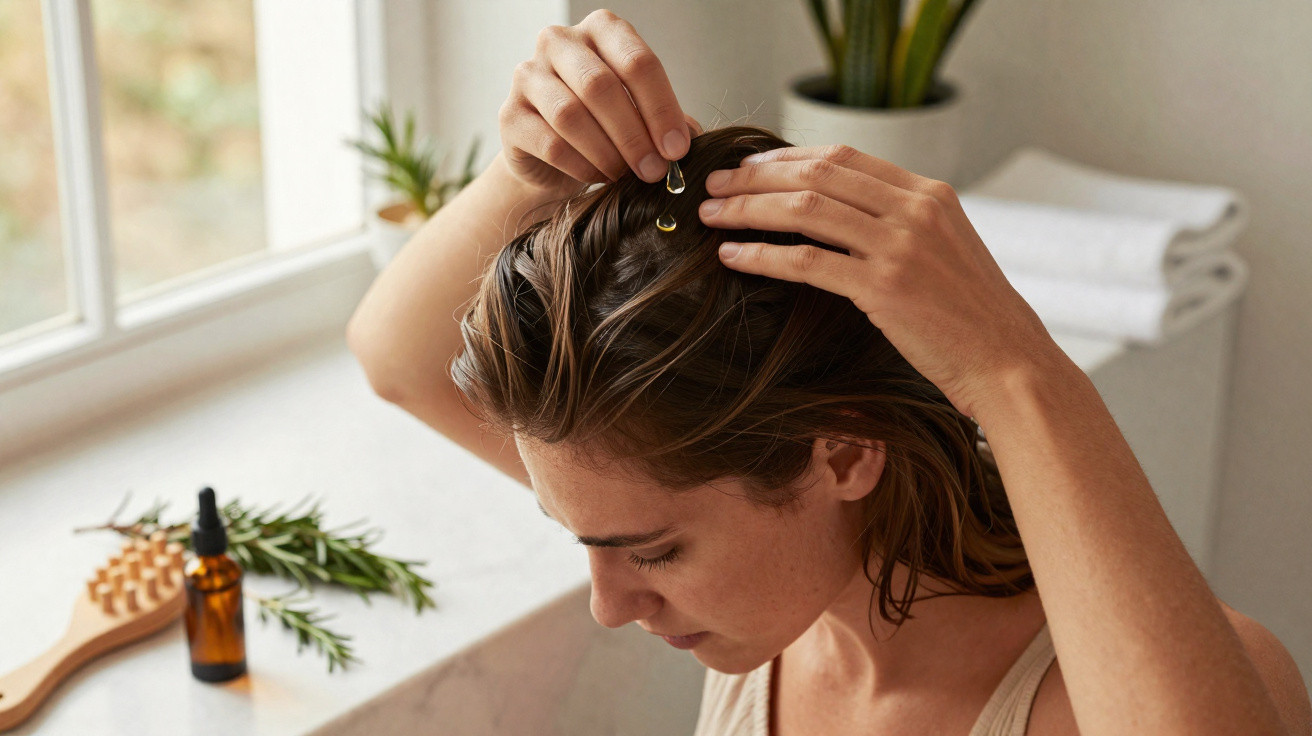 Femme appliquant de l'huile capillaire sur ses cheveux dans une salle de bain lumineuse.