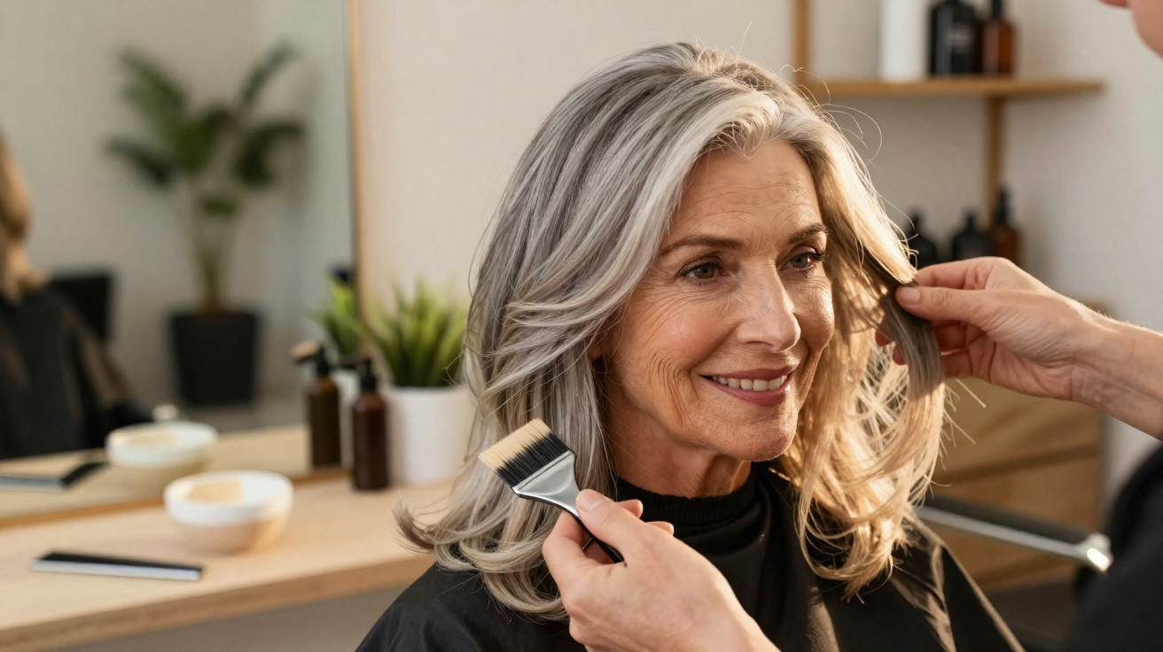 Femme âgée souriante recevant une coupe de cheveux dans un salon de coiffure moderne et lumineux.