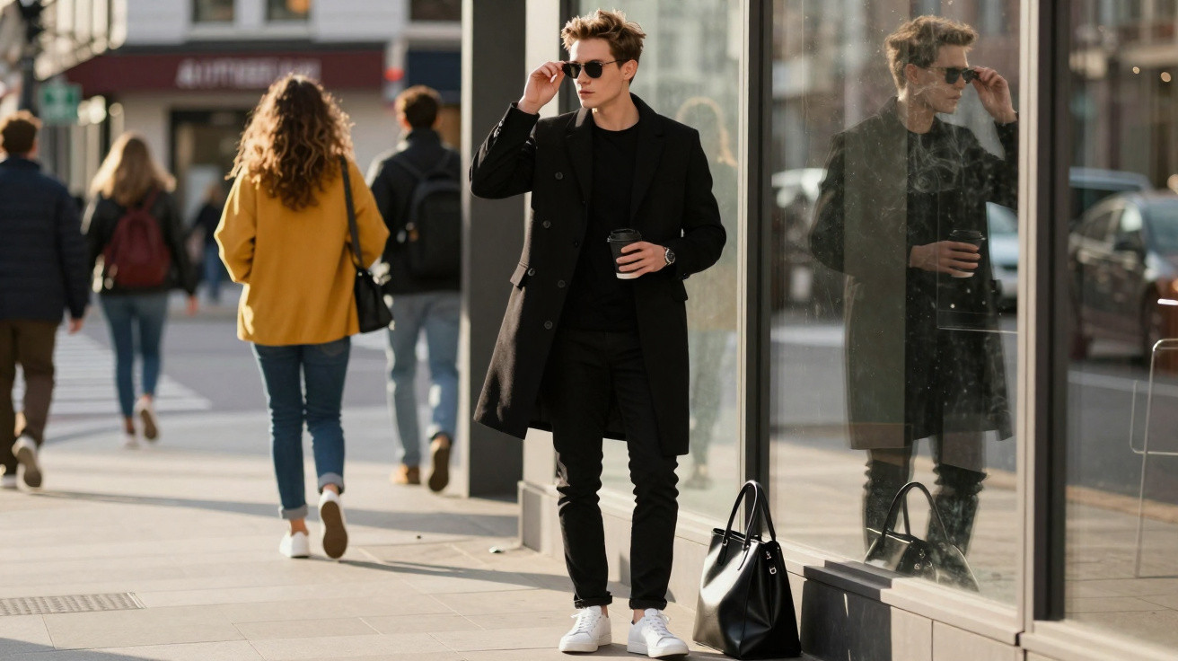 Jeune homme élégant en manteau noir et lunettes de soleil tenant un café, debout devant une vitrine en ville.