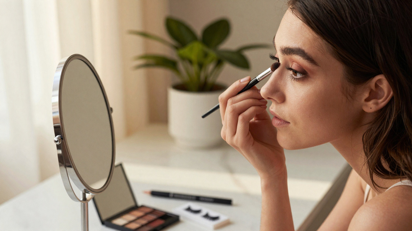 Jeune femme appliquant du fard à paupières devant un miroir de maquillage sur une table blanche.