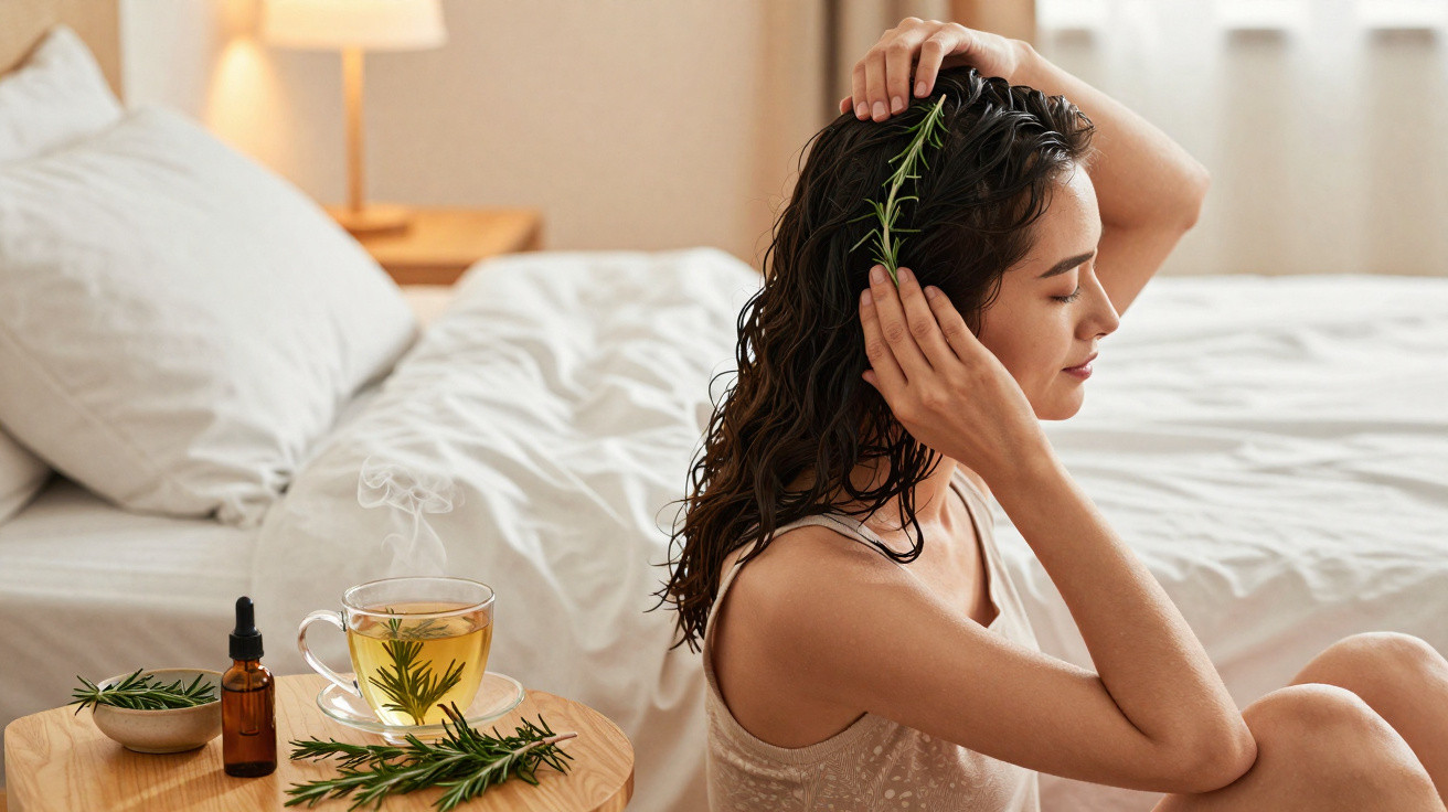 Jeune femme assise sur un lit, tenant un brin de romarin dans les cheveux, ambiance naturelle et apaisante.