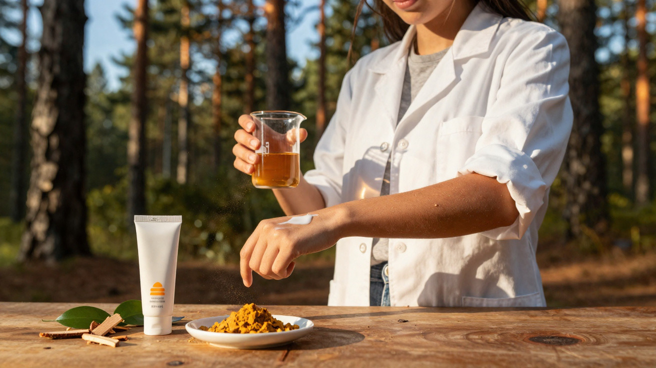 Personne appliquant une crème solaire avec un récipient d'huile sous les arbres en extérieur sur une table en bois.