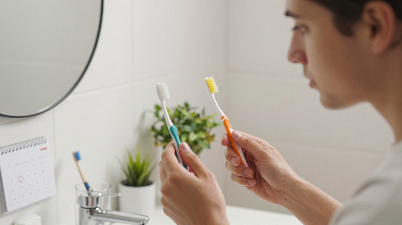Homme dans une salle de bain tenant deux brosses à dents devant un miroir.