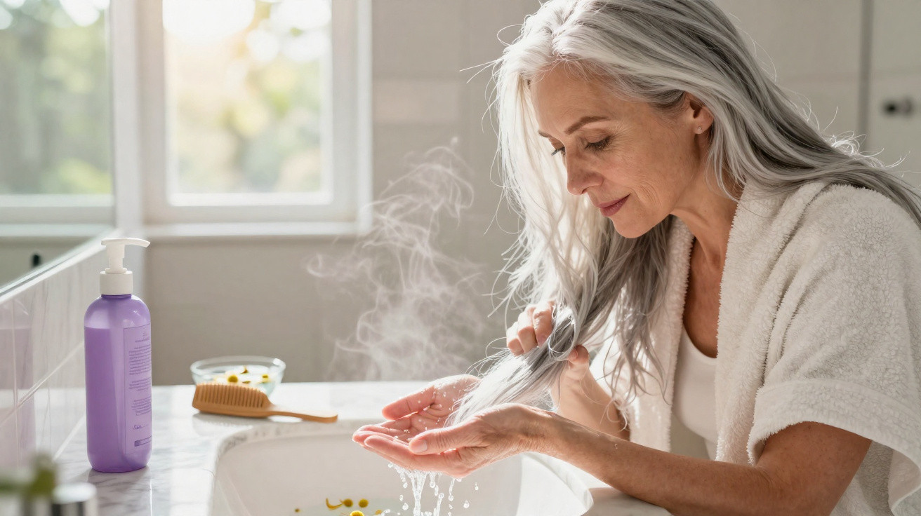 Femme aux cheveux gris se lavant les mains avec de l'eau chaude dans une salle de bain lumineuse.