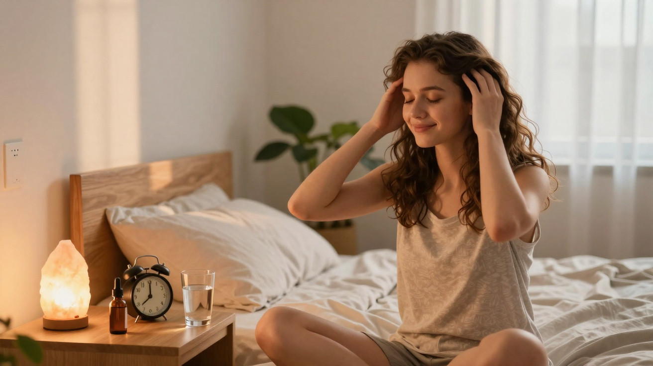 Jeune femme assise sur un lit, les yeux fermés, mains dans les cheveux, dans une chambre lumineuse au réveil.