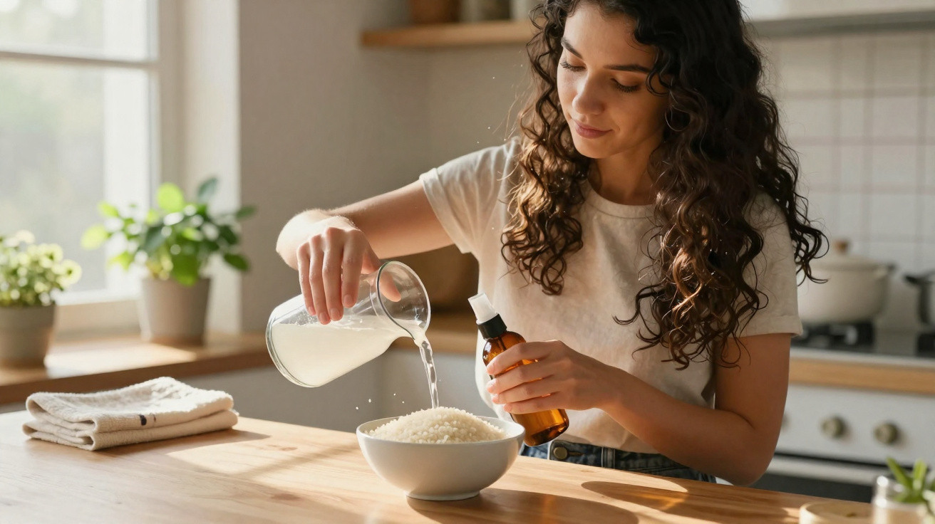 Femme verse de l'eau dans un bol de riz dans une cuisine lumineuse et moderne.