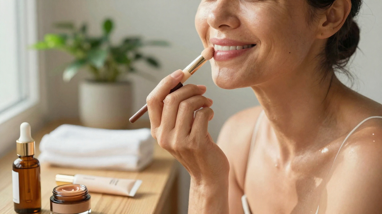 Femme souriante appliquant du maquillage sur ses lèvres dans une pièce lumineuse avec des produits cosmétiques.