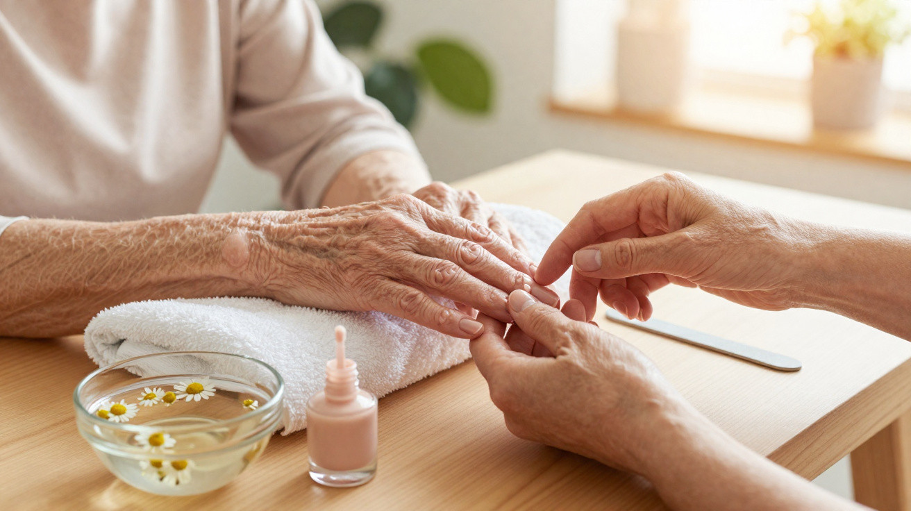 Une personne âgée reçoit une manucure avec vernis à ongles rose, un bol d'eau aux fleurs et une lime sur la table.