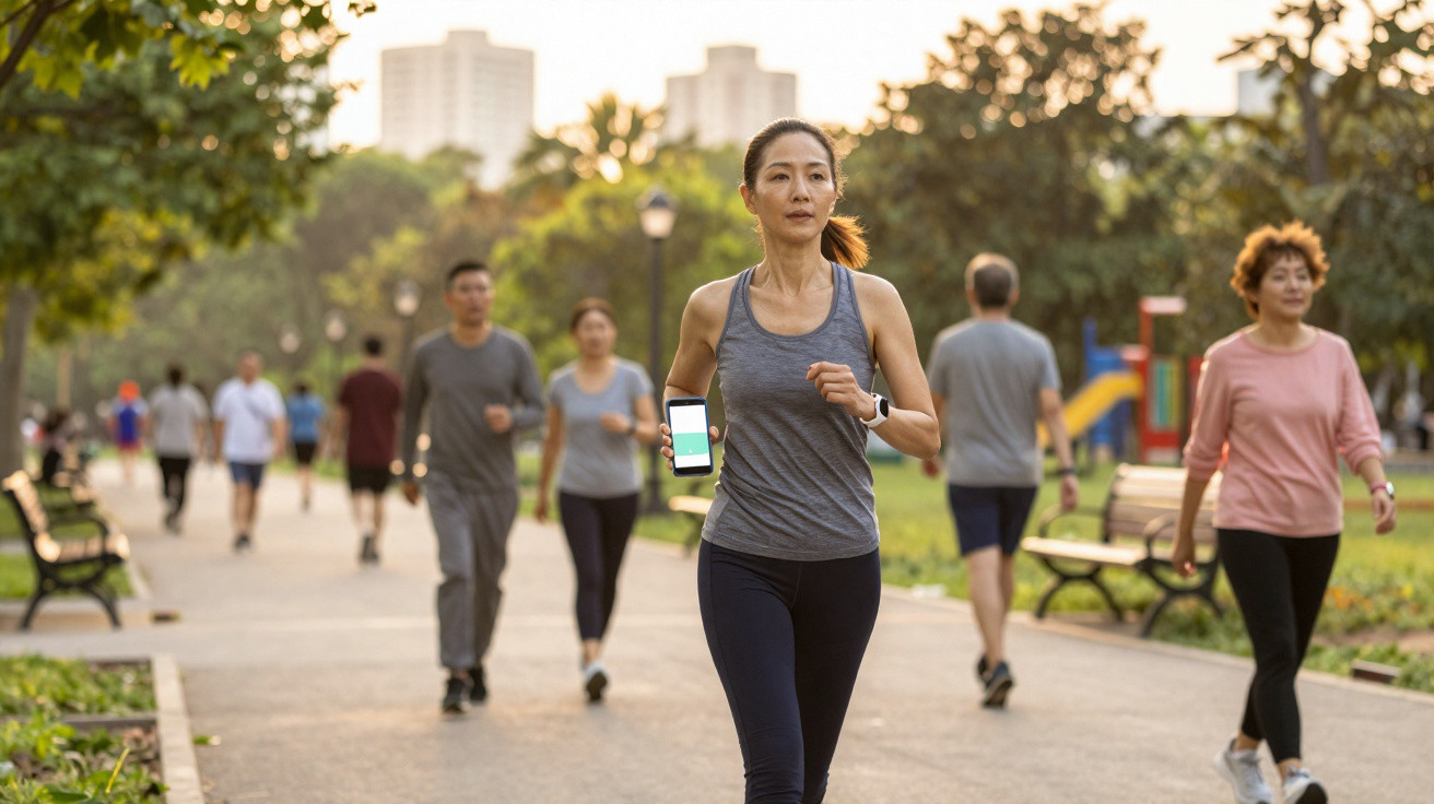 Femme courant en tenue de sport dans un parc urbain avec des joggeurs et des promeneurs en arrière-plan.