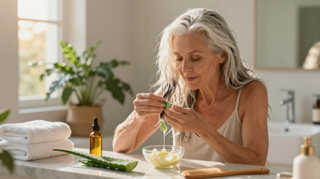Femme âgée appliquant du gel d'aloe vera sur ses mains dans une salle de bain lumineuse avec serviettes et produits.