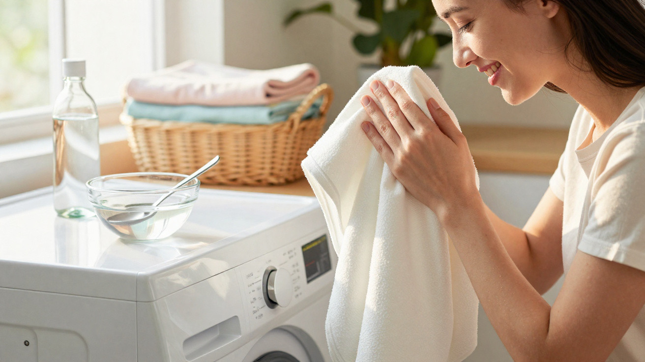 Femme souriante sentant une serviette blanche fraîche près d'un lave-linge dans une buanderie lumineuse.