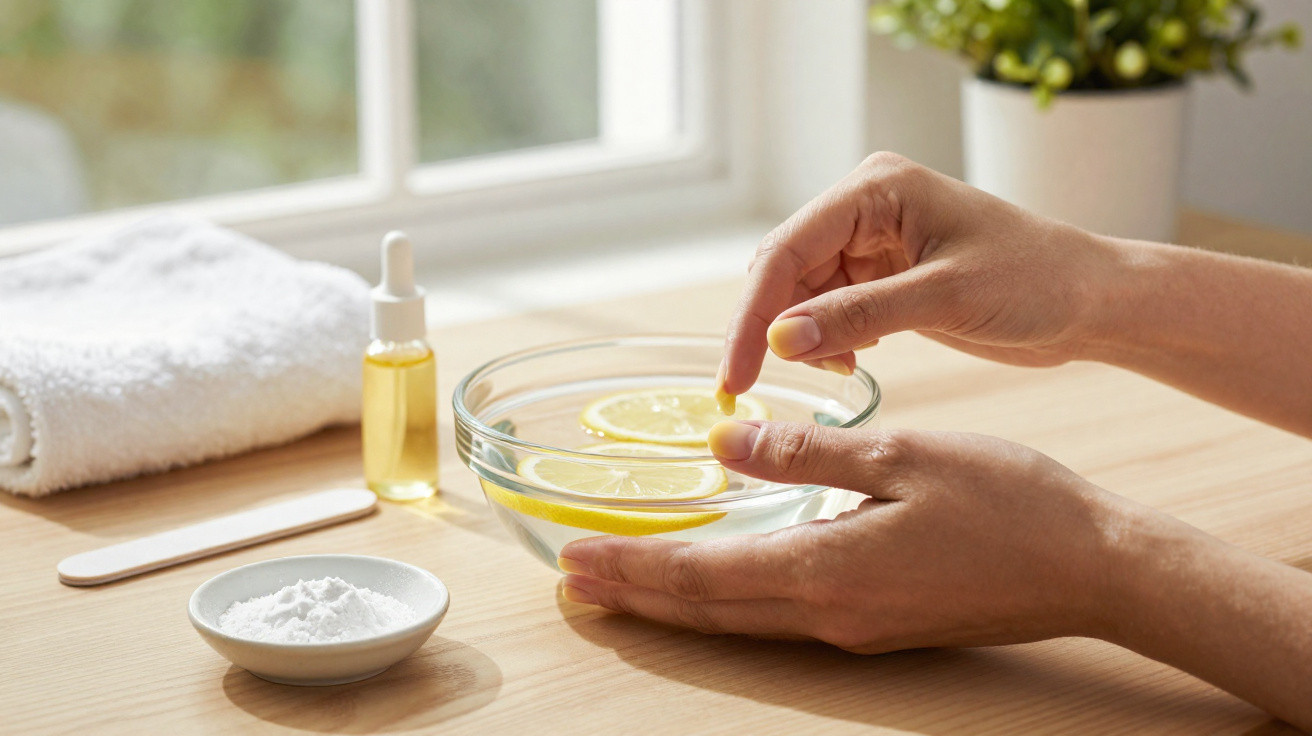Mains trempant un doigt dans un bol d'eau avec tranches de citron sur une table en bois.