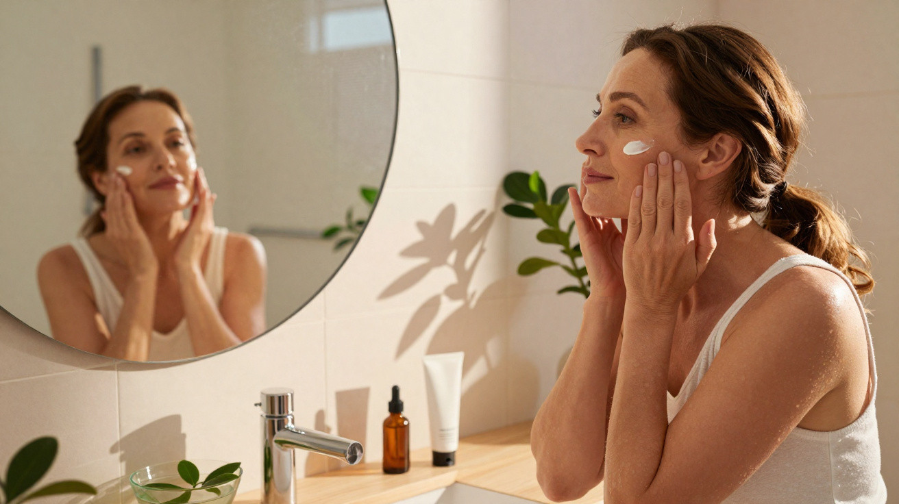 Femme appliquant une crème sur le visage devant un miroir dans une salle de bain lumineuse.
