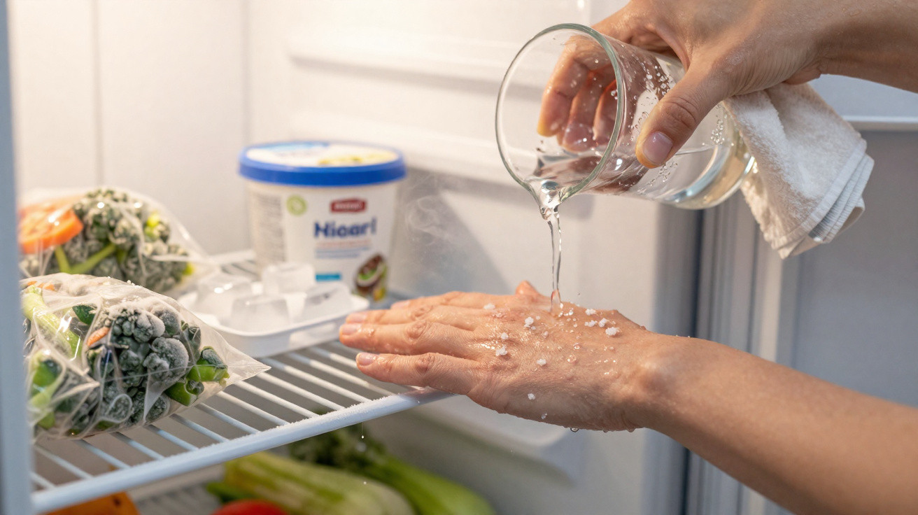 Main saupoudrée de sel recevant de l'eau dans un réfrigérateur ouvert.