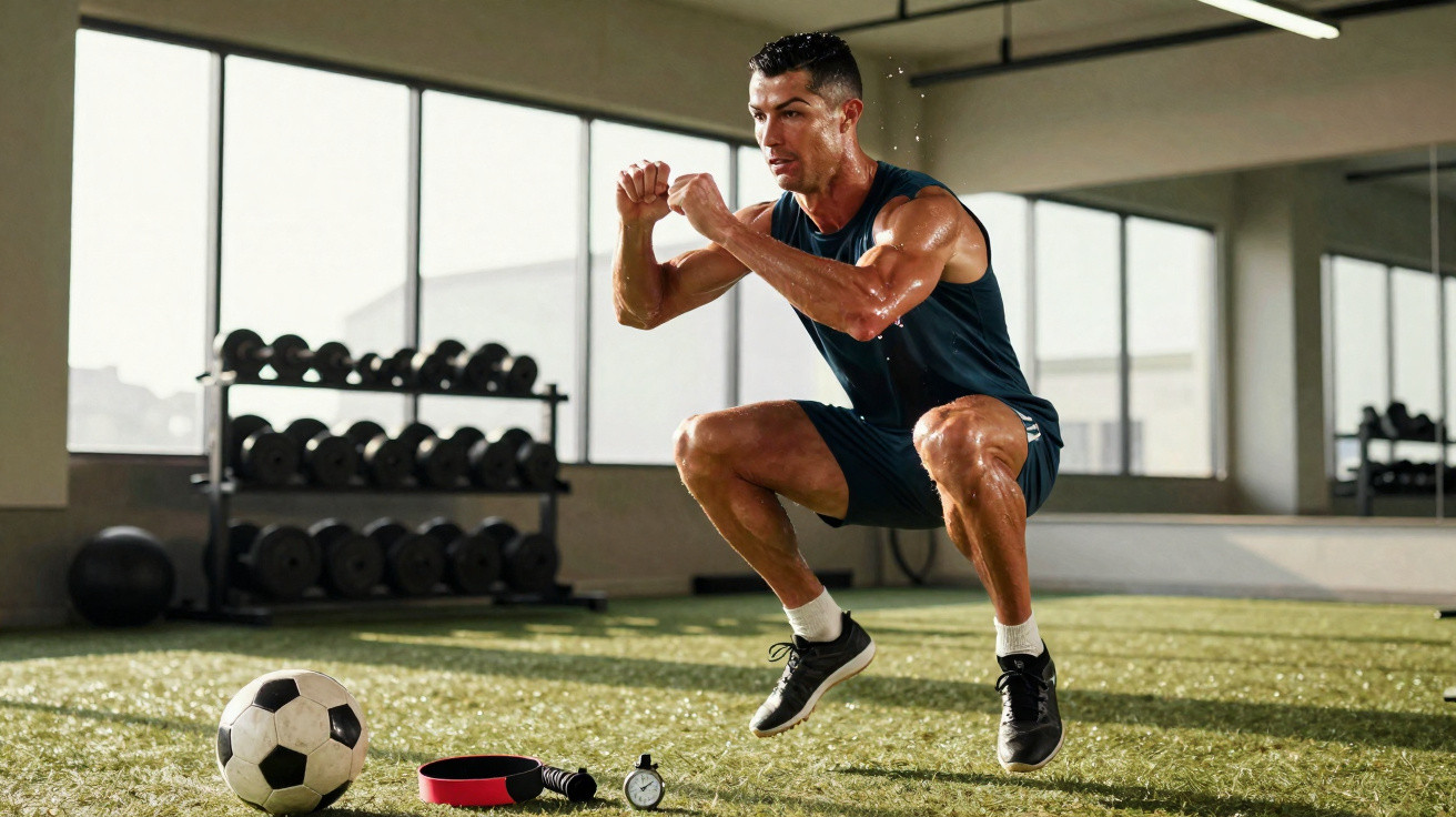 Homme sportif en tenue noire effectuant un saut en squat dans une salle de sport avec ballon de foot au sol.