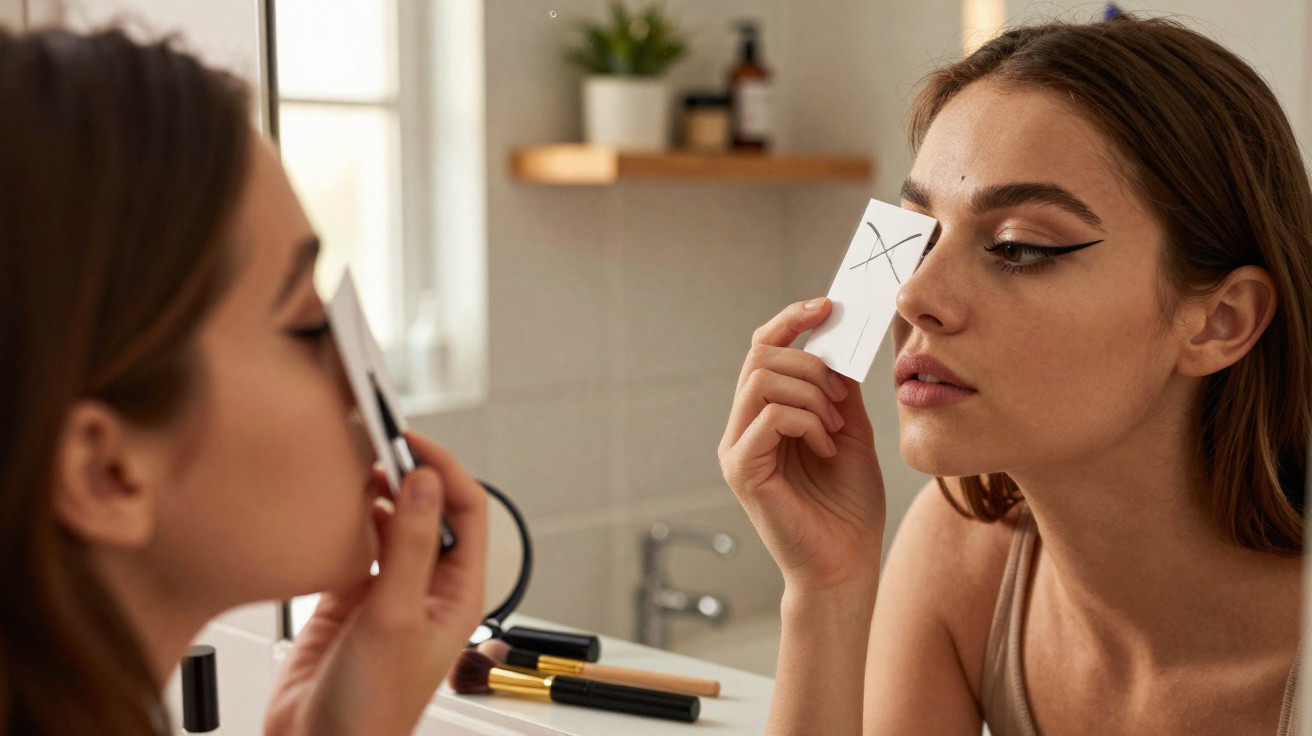 Jeune femme appliquant un autocollant autour de l'œil devant un miroir dans une salle de bain.