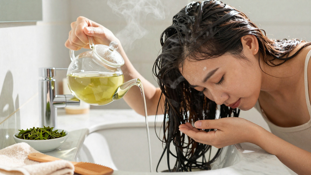 Une femme verse du thé vert chaud sur ses cheveux au-dessus d'un lavabo dans une salle de bain lumineuse.