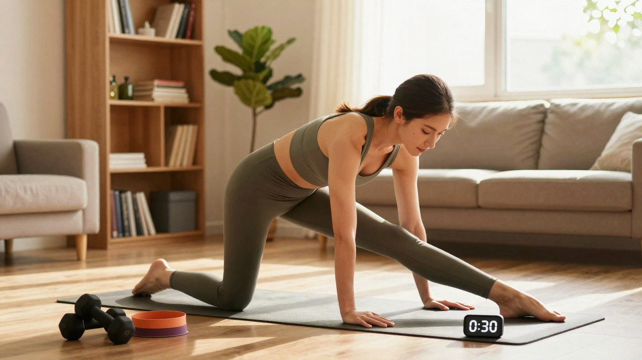 Jeune femme en tenue de sport fait des étirements dans un salon lumineux avec tapis et haltères.