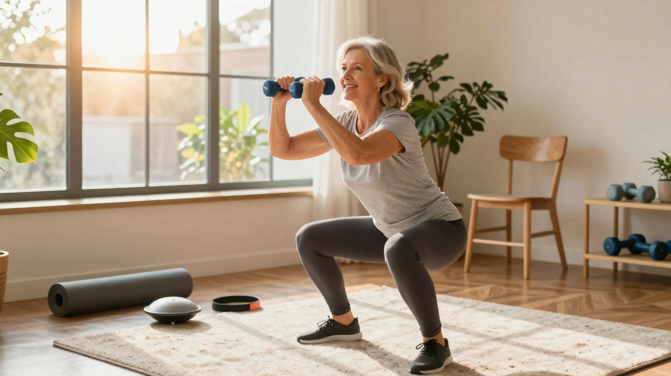 Femme âgée fait des squats avec des haltères dans un salon lumineux et aménagé pour le sport.