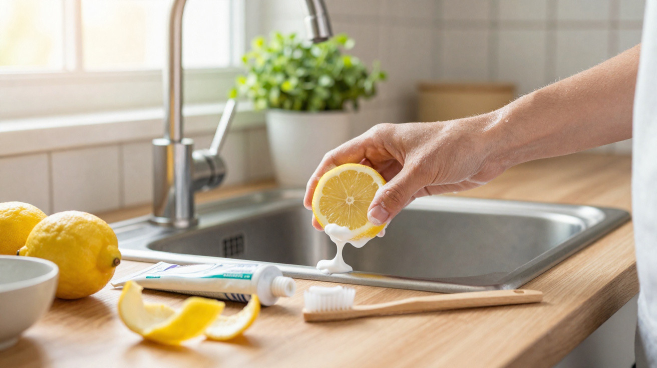Main tenant un demi-citron au-dessus d’une brosse à dents avec du dentifrice blanc, cuisine lumineuse en arrière-plan.