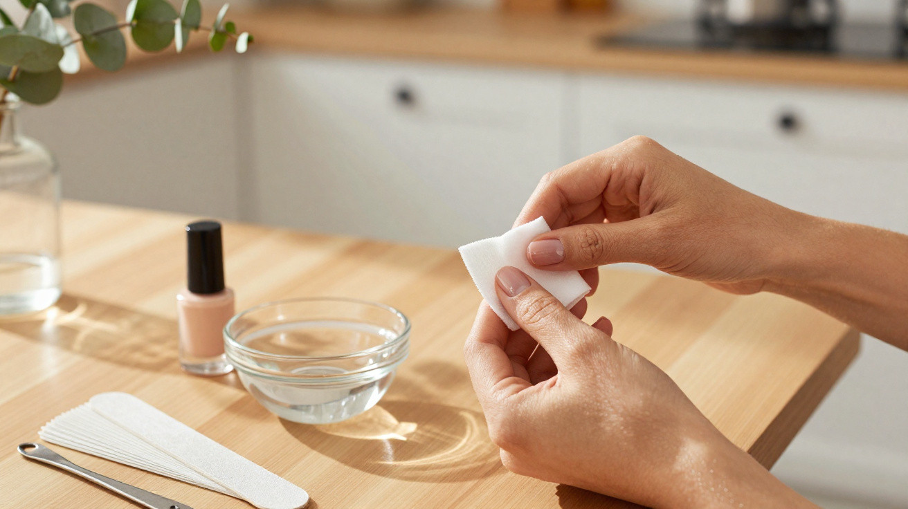 Mains féminines nettoyant des ongles avec un tampon, flacon de vernis rose pâle et accessoires sur une table en bois.