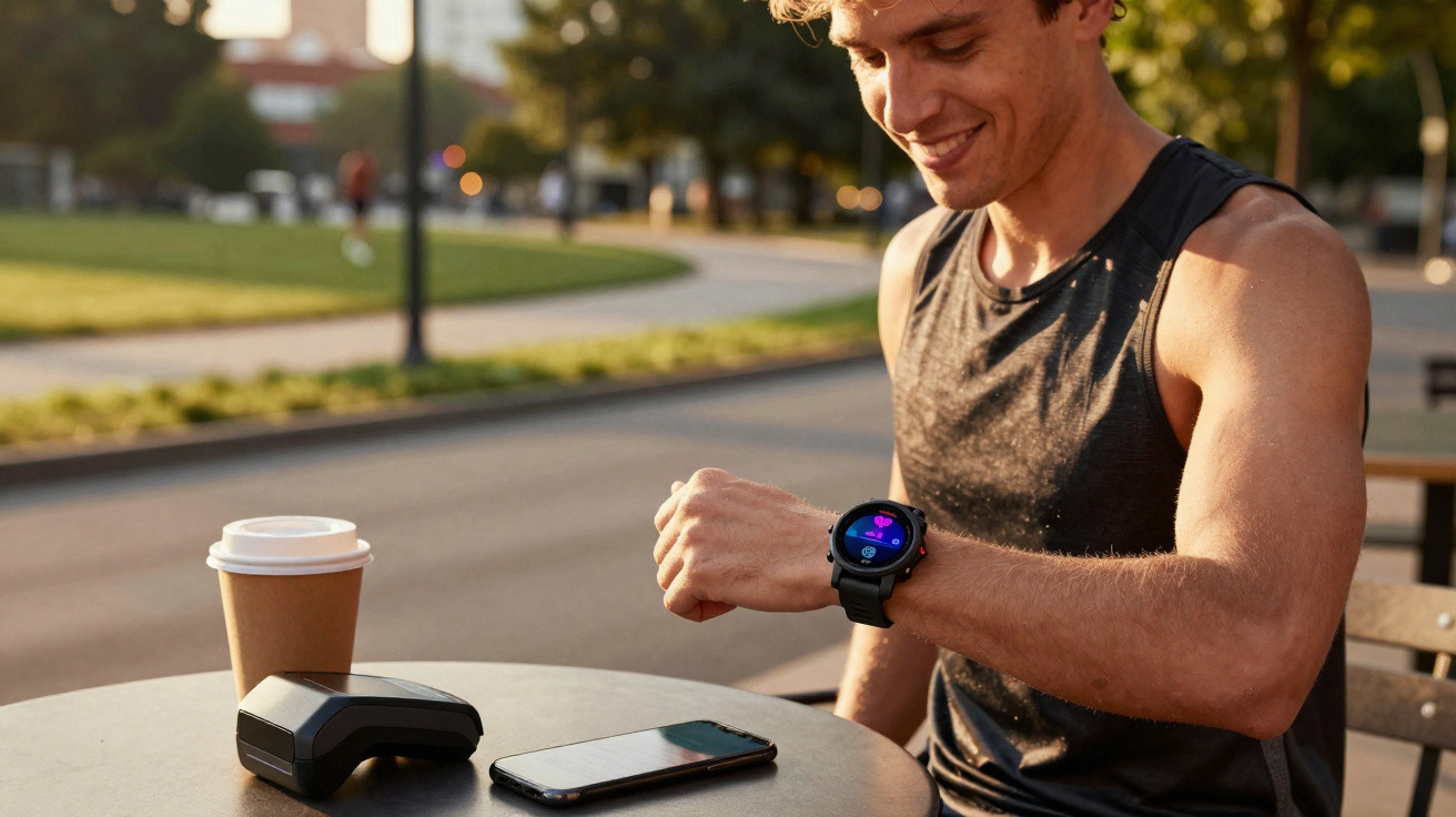 Un homme souriant consulte sa montre connectée assis à une table extérieure avec café et smartphone.