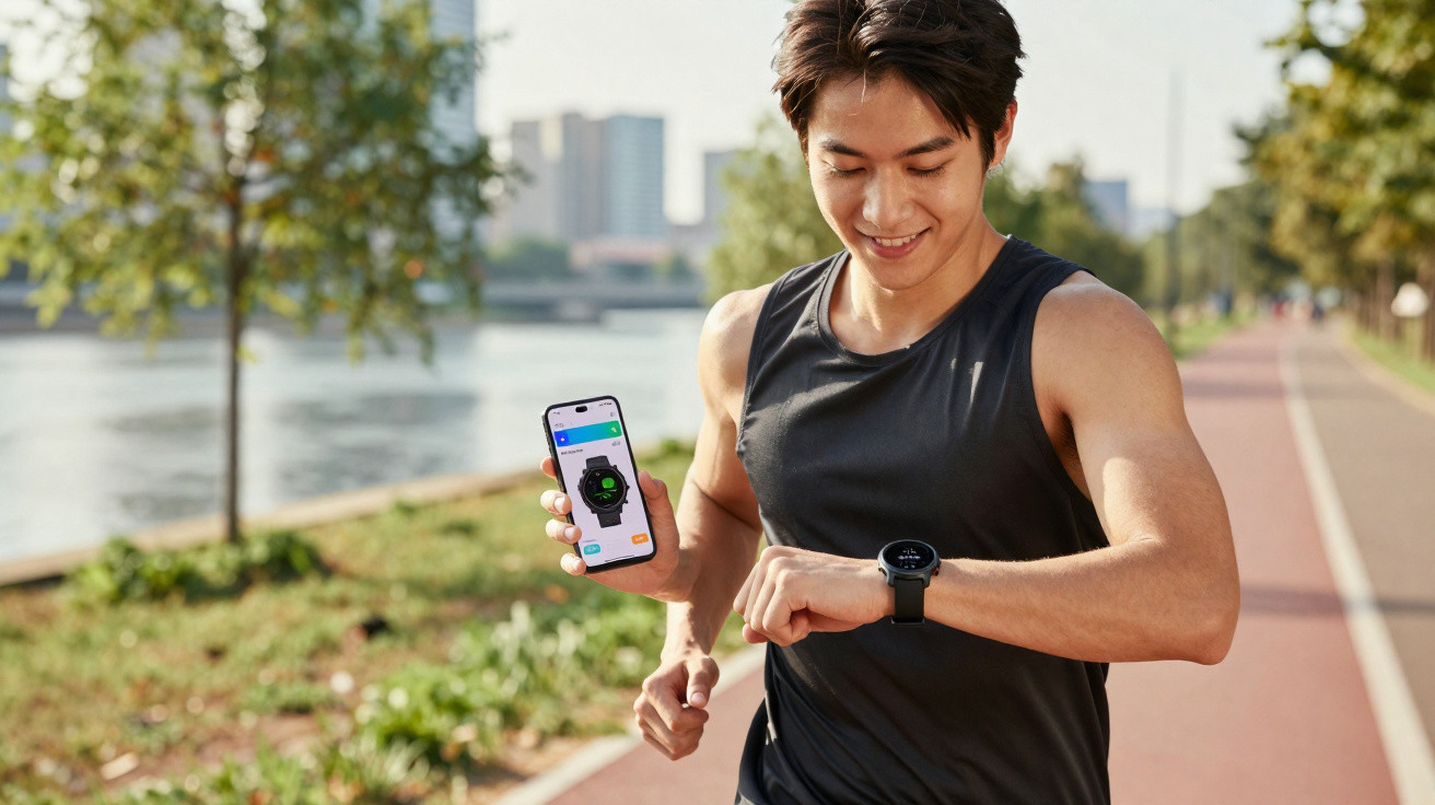 Homme courant sur une piste près d'un plan d'eau, regardant sa montre connectée et tenant un smartphone.