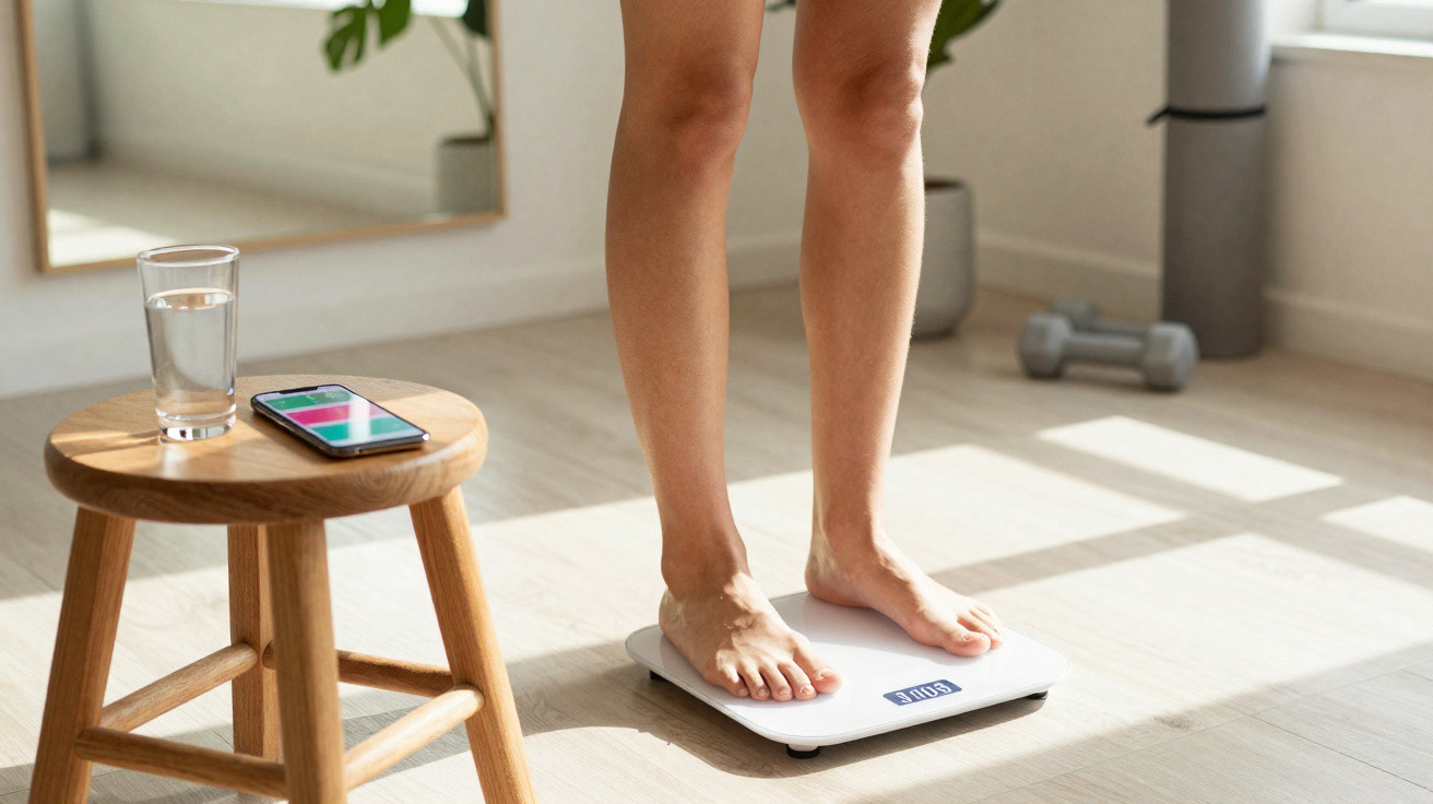 Personne debout pieds nus sur une balance numérique dans une pièce lumineuse avec un verre d'eau et un téléphone sur un tabou