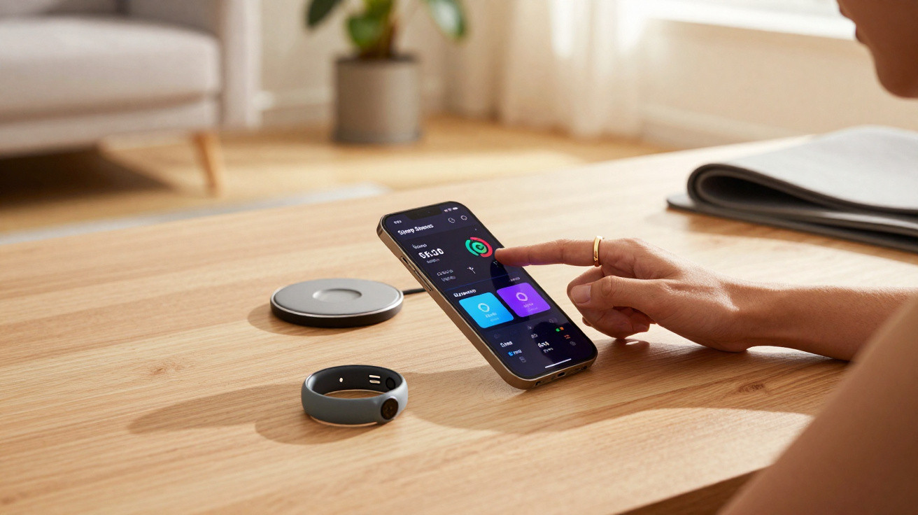 Main interagissant avec une application de santé sur smartphone posé sur une table en bois clair.