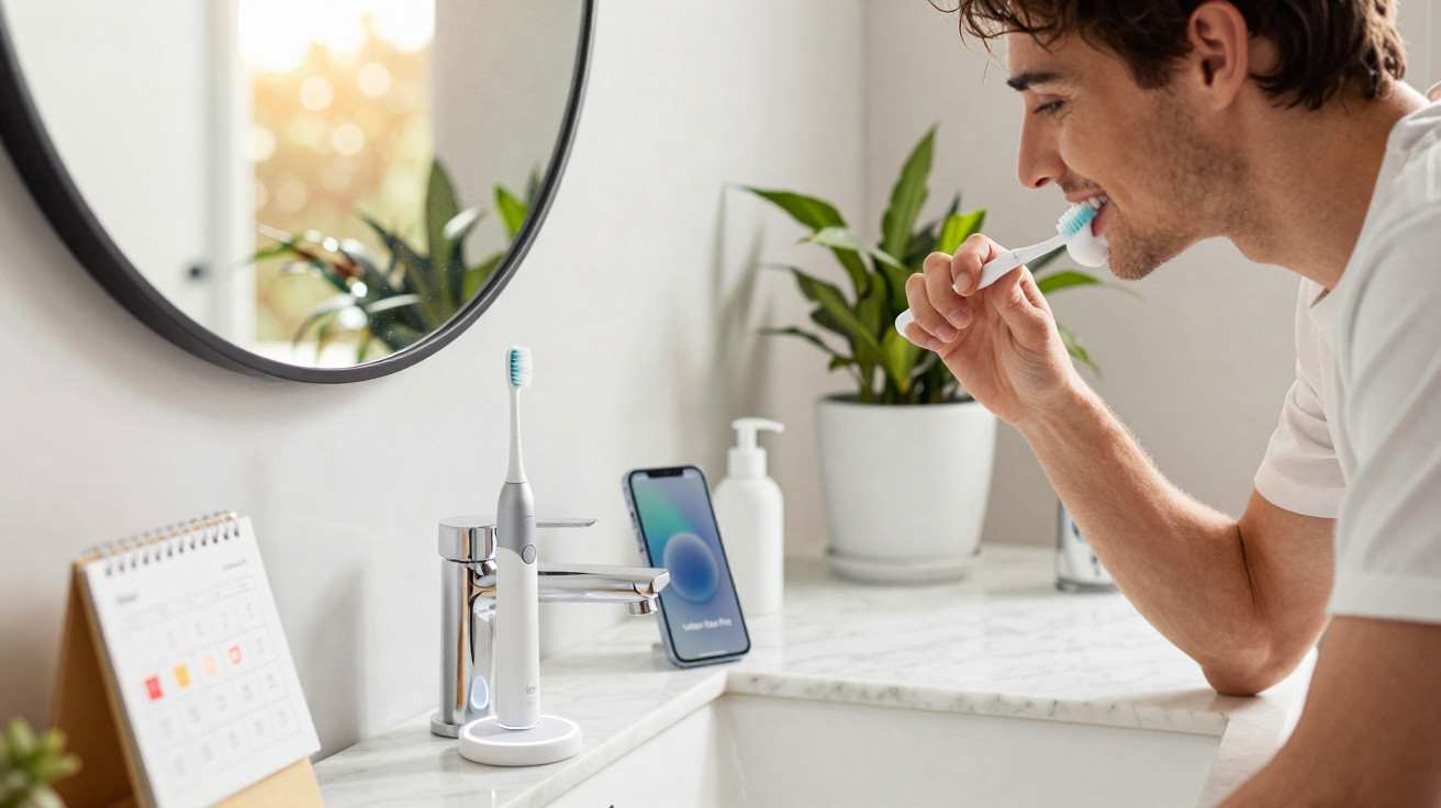 Homme se brossant les dents dans une salle de bain moderne avec brosse à dents électrique et smartphone.