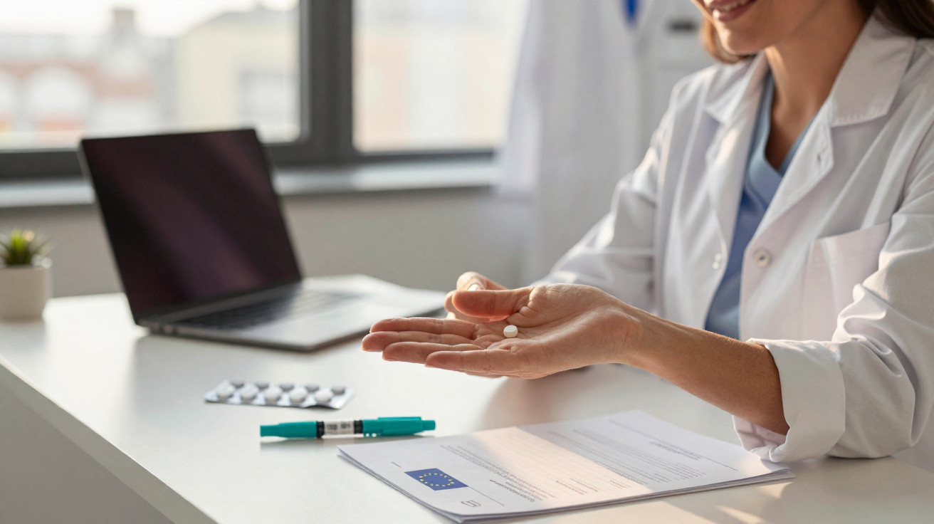 Médecin tenant deux comprimés dans sa main devant un bureau avec un ordinateur portable et une ordonnance.