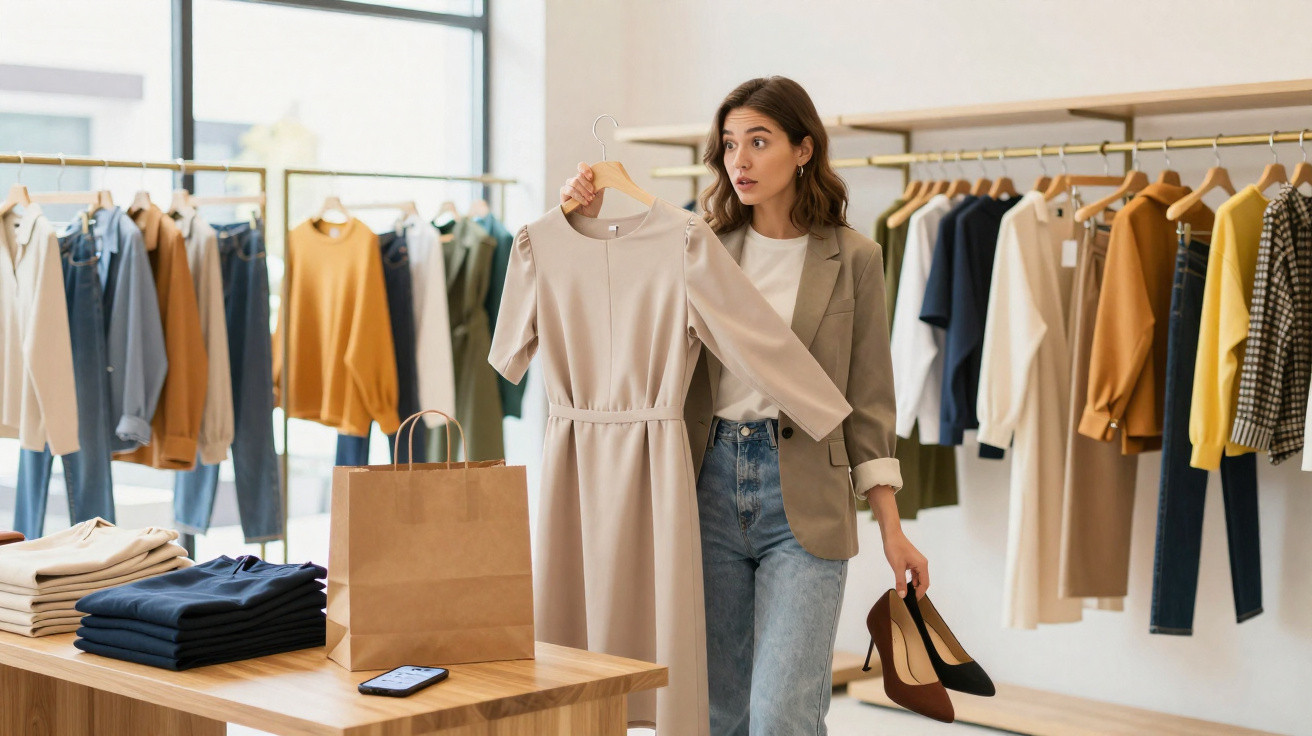 Femme tenant une robe beige et une paire de chaussures à talons dans une boutique de vêtements moderne.