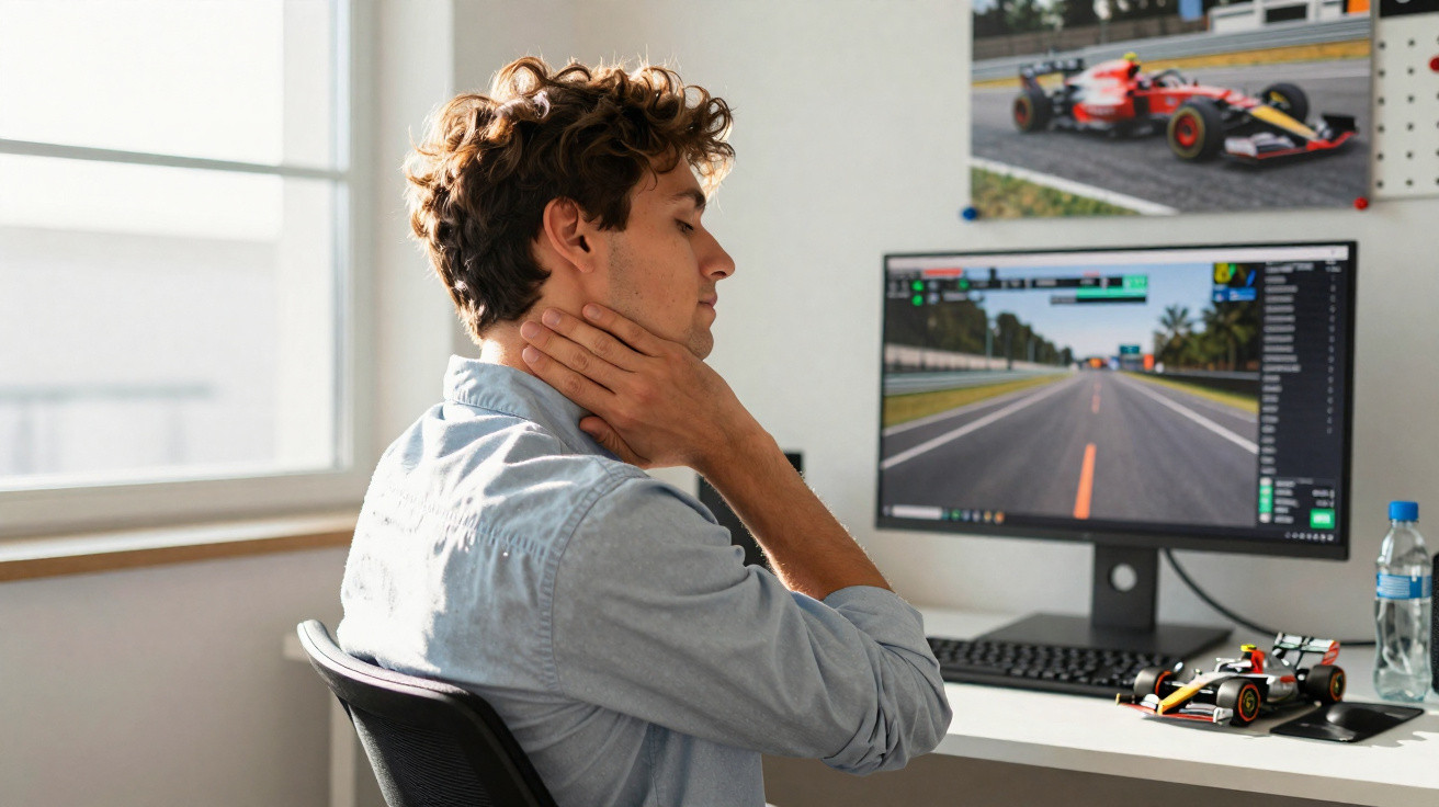 Homme assis à un bureau regardant un simulateur de course automobile sur un écran d’ordinateur.