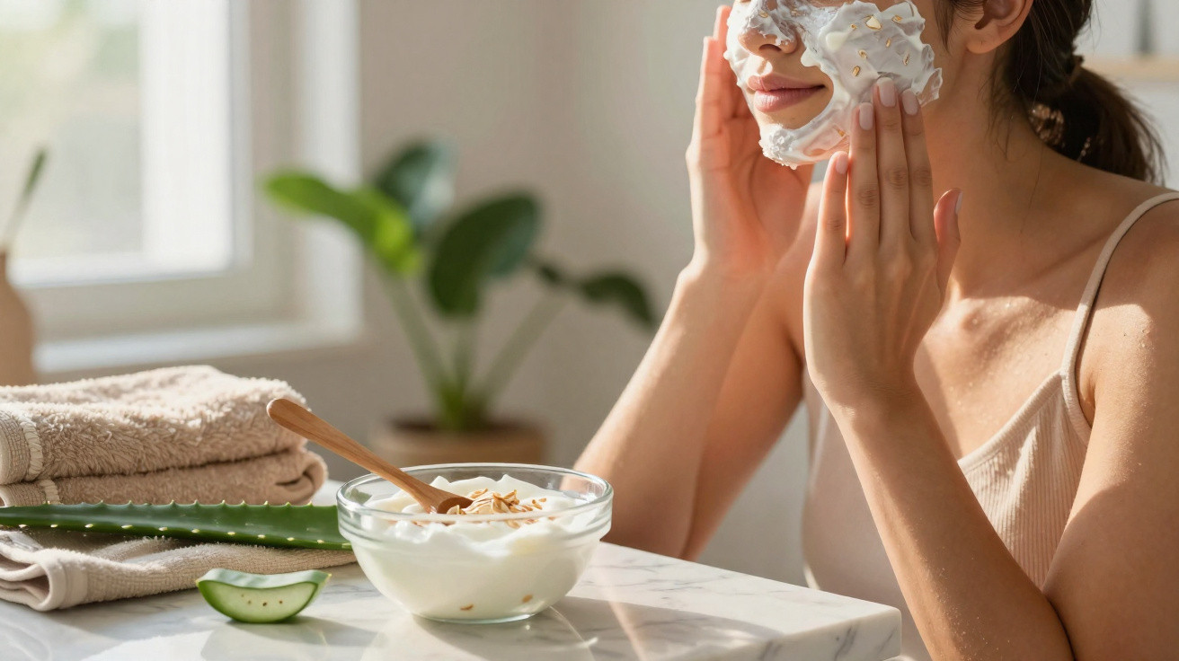 Femme appliquant un masque facial crémeux près d'une table avec une plante et des serviettes pliées.