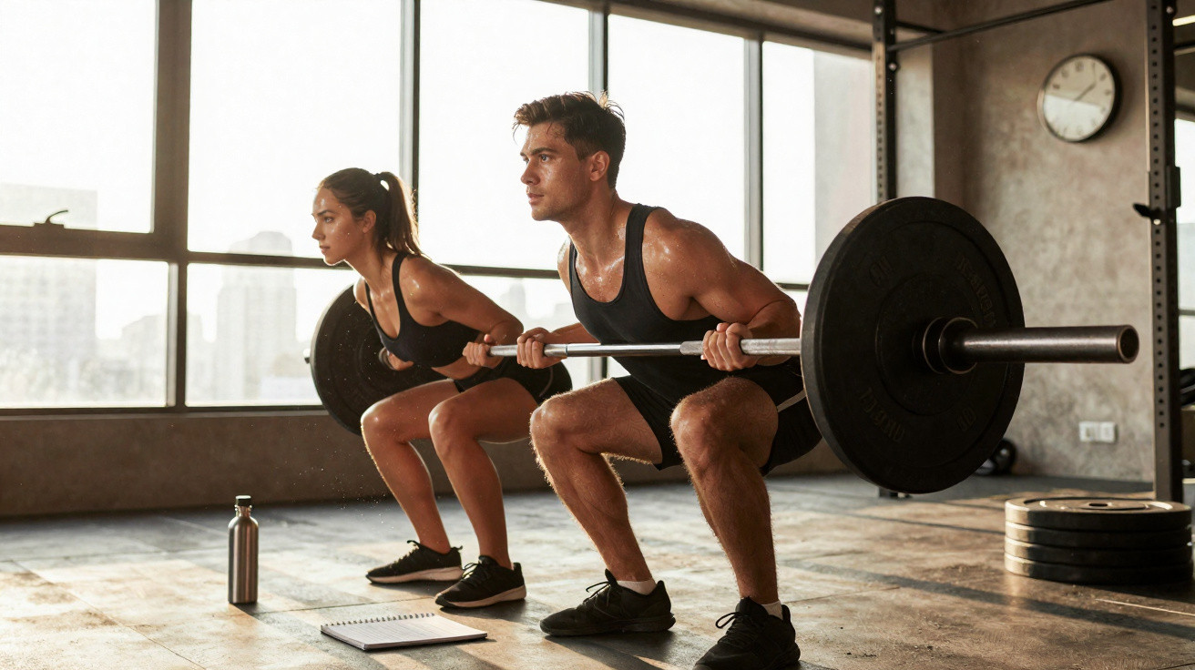 Un homme et une femme font des squats avec une barre dans une salle de sport lumineuse.