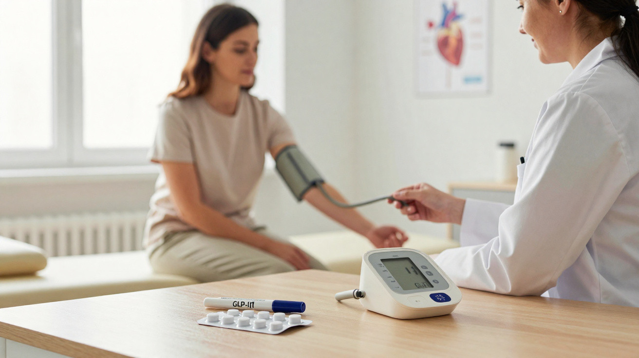 Une infirmière prend la tension d'une patiente dans une salle de consultation lumineuse.