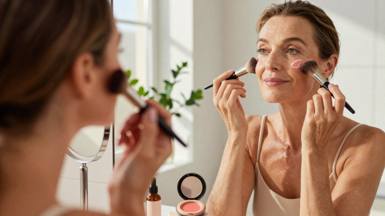 Femme appliquant du maquillage avec deux pinceaux devant un miroir dans une pièce lumineuse.